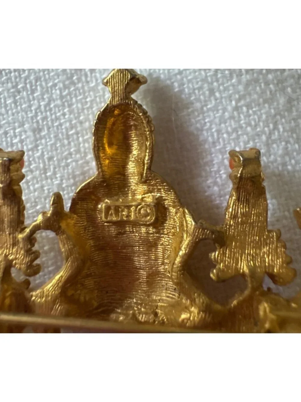 Vintage ARTCO Gold Buddha Signed Pin With Coral Dangles & Rhinestone Accent